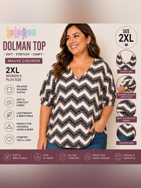 LuLaRoe 2XL Chevron Dolman Top Mauve Gray Cream Stretch Tunic Plus Size